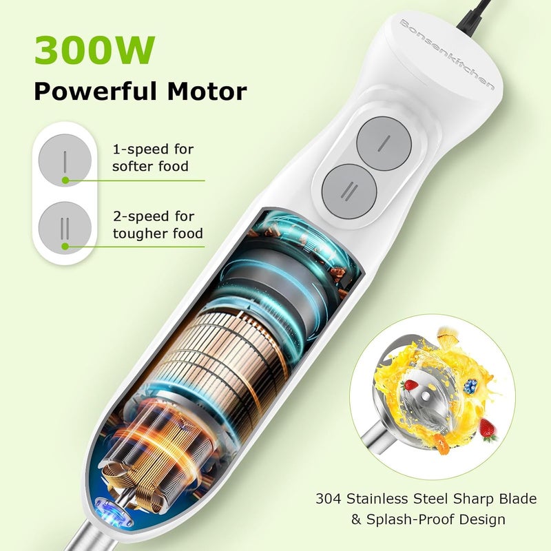 Bonsenkitchen خلاط يدوي، خلاط غمر مع 2 سرعة خلط، خلاط يدوي من الفولاذ المقاوم للصدأ 4 في 1 مع خفاقة بيض، كأس ووعاء مفروم، لطعام الأطفال، الحساء، العصائر، أبيض - Image 5